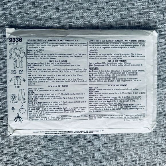 Vintage Simplicity Sewing Pattern 9336 Stuffed Bunny & Stuffed Cat & Clothes - Picture 2 of 2